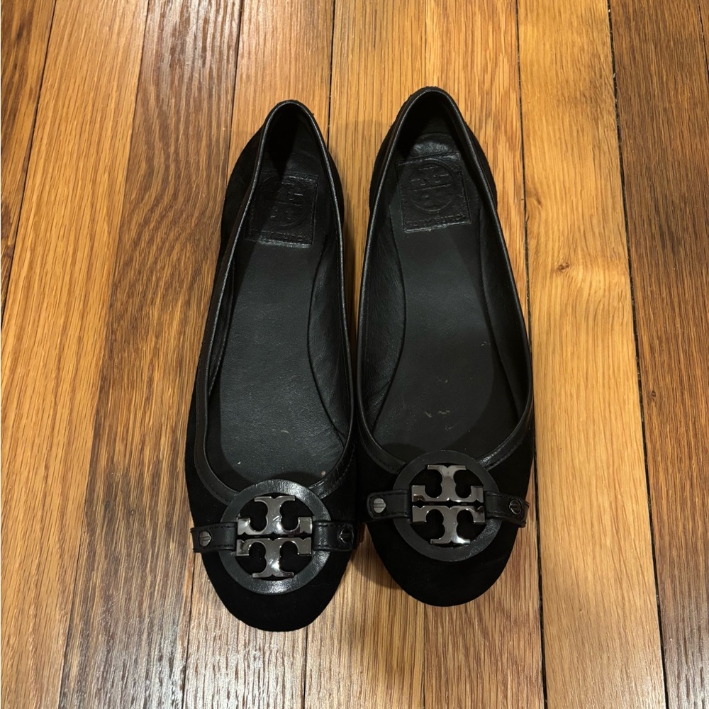 Tory Burch Black Leather Ballet Flats with Logo
